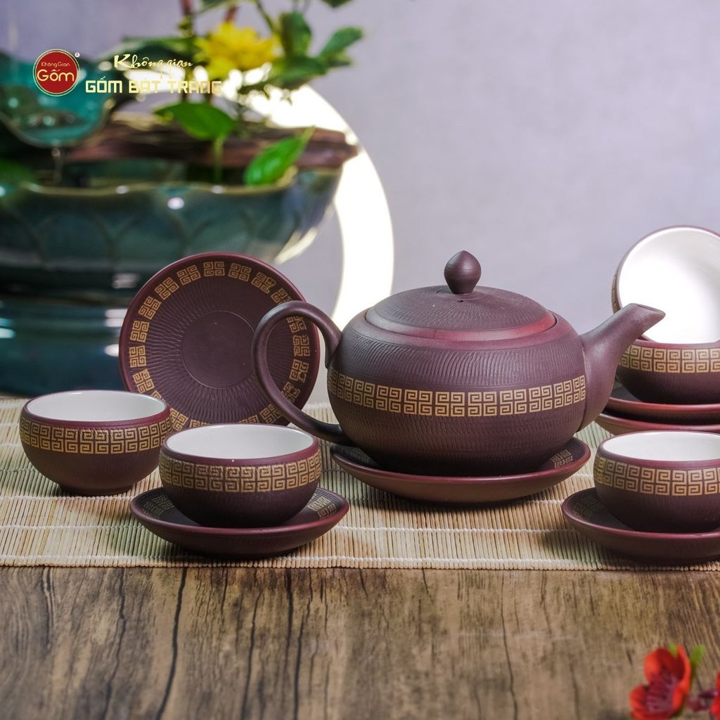 Bộ Ấm Trà Tử Sa Nâu Viền Vàng