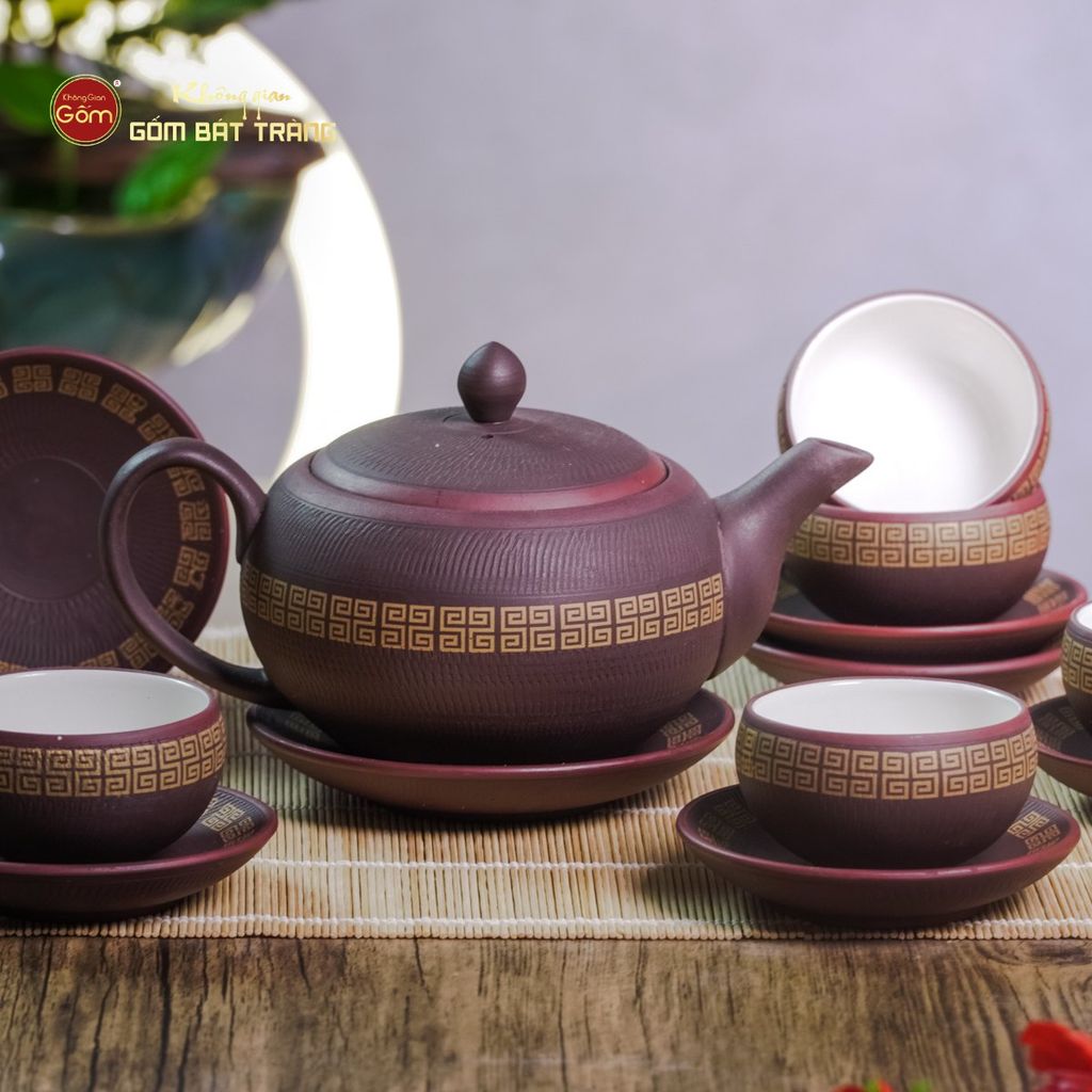 Bộ Ấm Trà Tử Sa Nâu Viền Vàng
