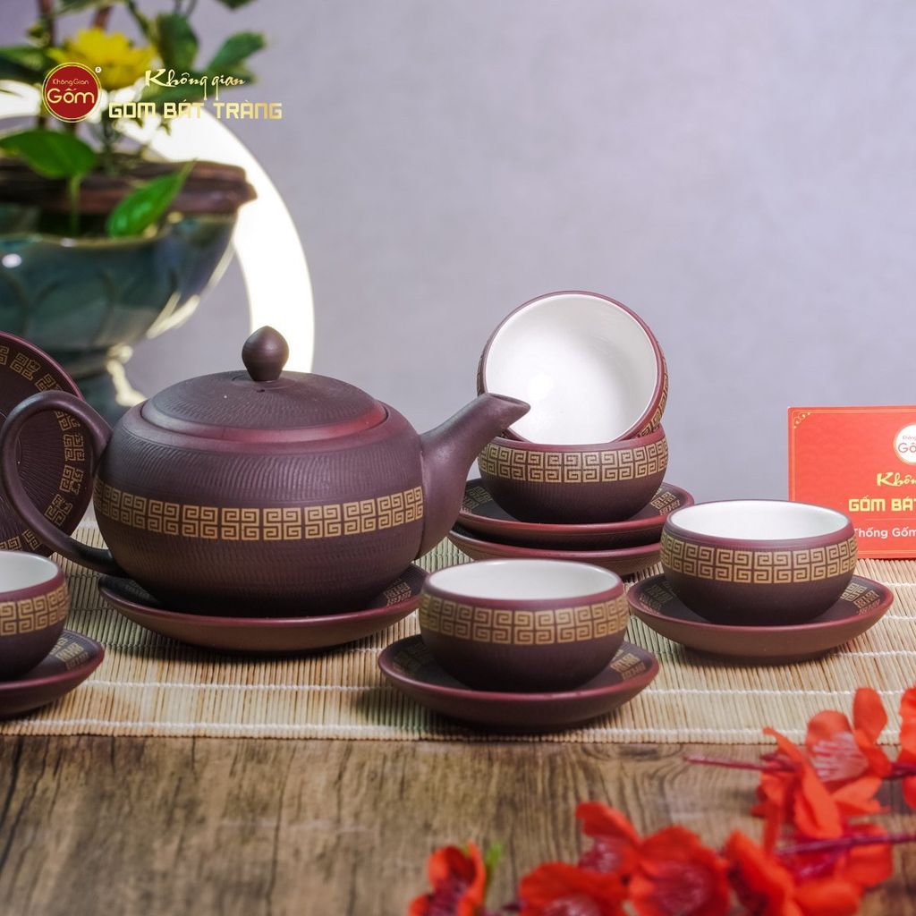 Bộ Ấm Trà Tử Sa Nâu Viền Vàng