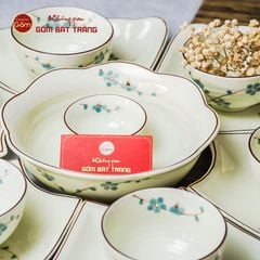 Bộ Bát Đĩa Hoa Mặt Trời Men Kem Hoa Đào Xanh