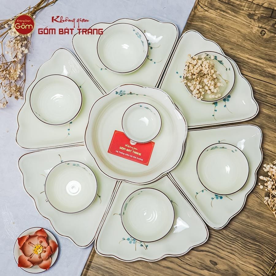 Bộ Bát Đĩa Hoa Mặt Trời Men Kem Hoa Đào Xanh