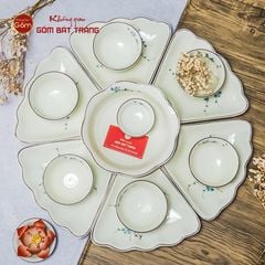 Bộ Bát Đĩa Hoa Mặt Trời Men Kem Hoa Đào Xanh
