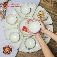 Bộ Bát Đĩa Hoa Mặt Trời Men Kem Hoa Đào Xanh