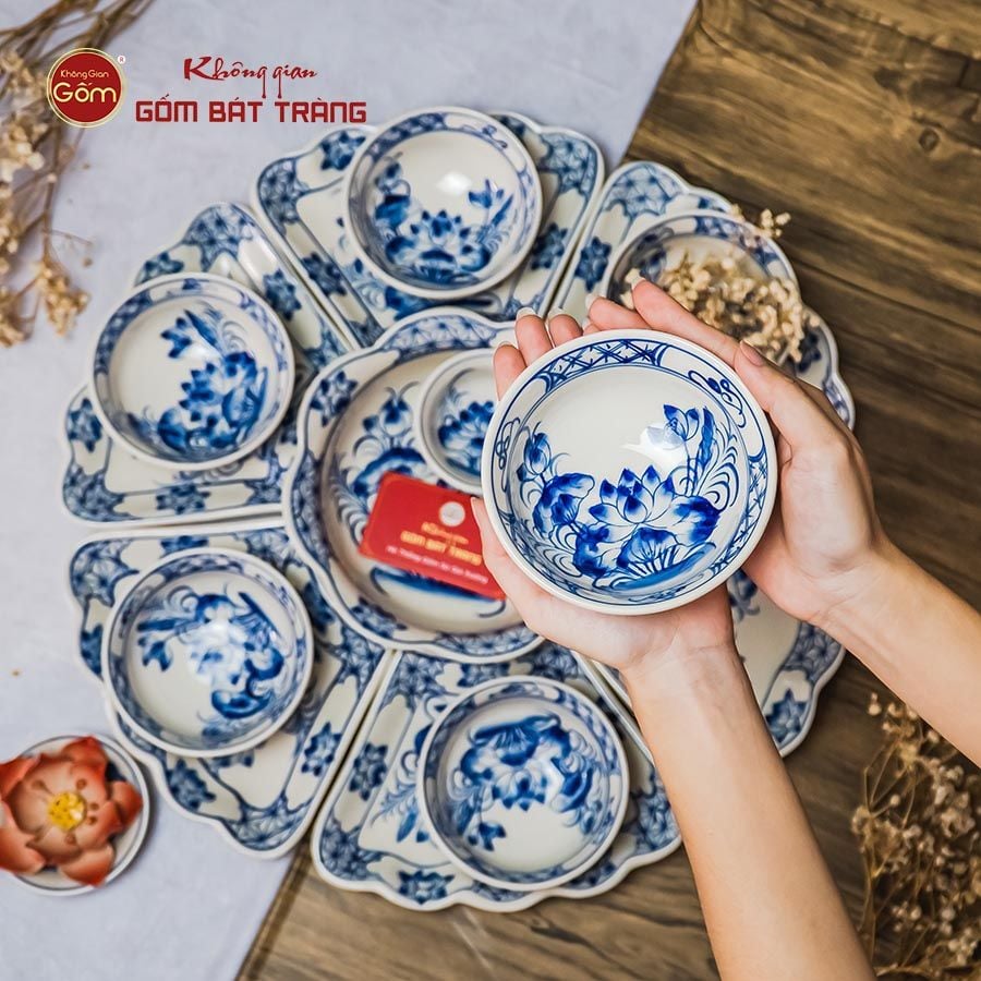 Bộ Bát Đĩa Hoa Mặt Trời Hoa Sen Xanh
