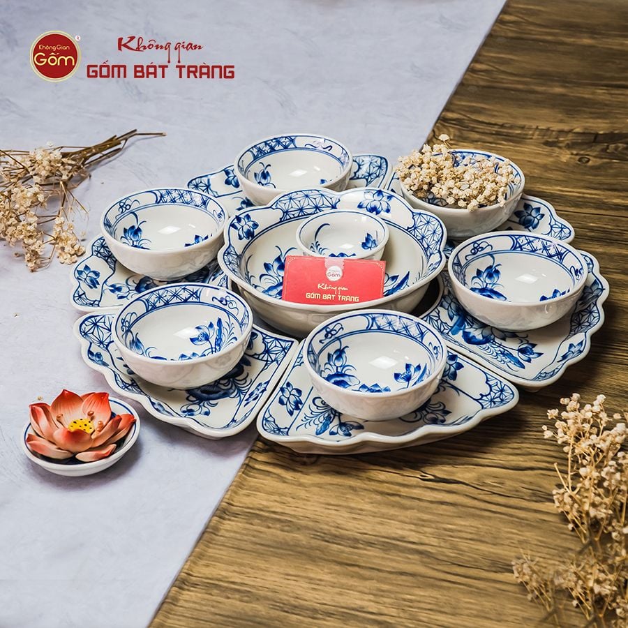 Bộ Bát Đĩa Hoa Mặt Trời Hoa Sen Xanh