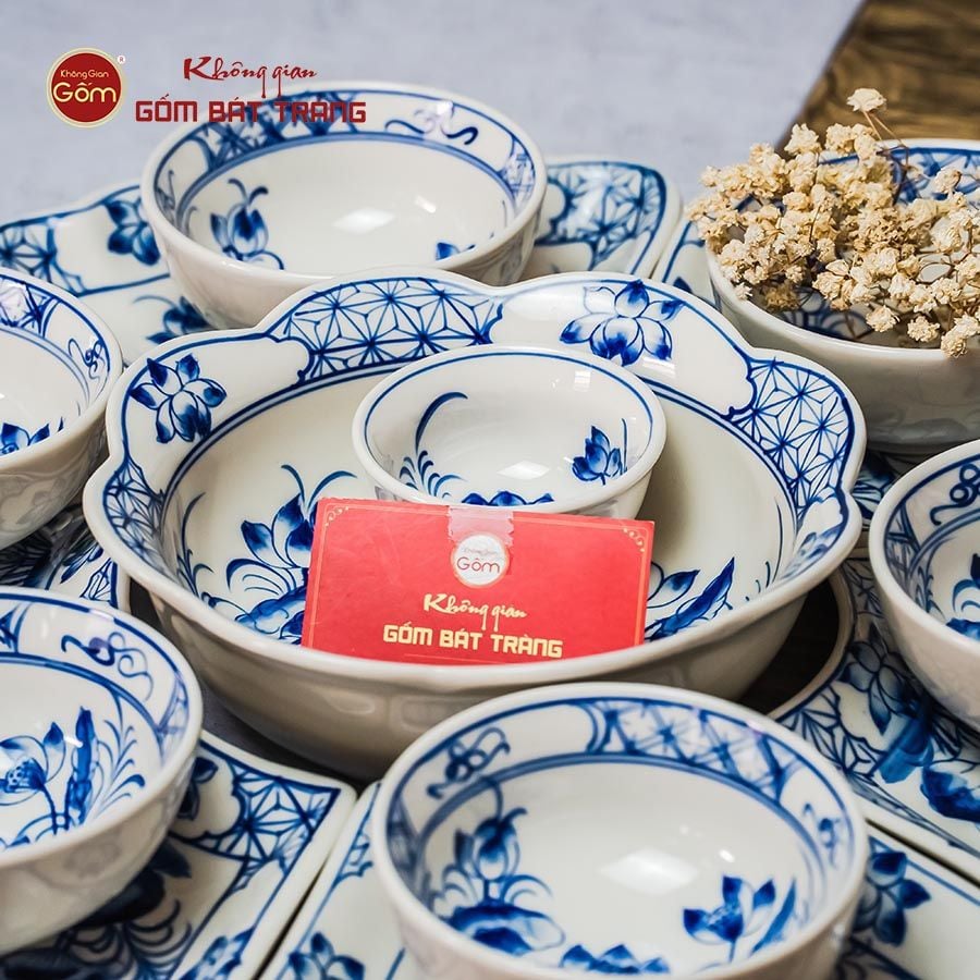 Bộ Bát Đĩa Hoa Mặt Trời Hoa Sen Xanh
