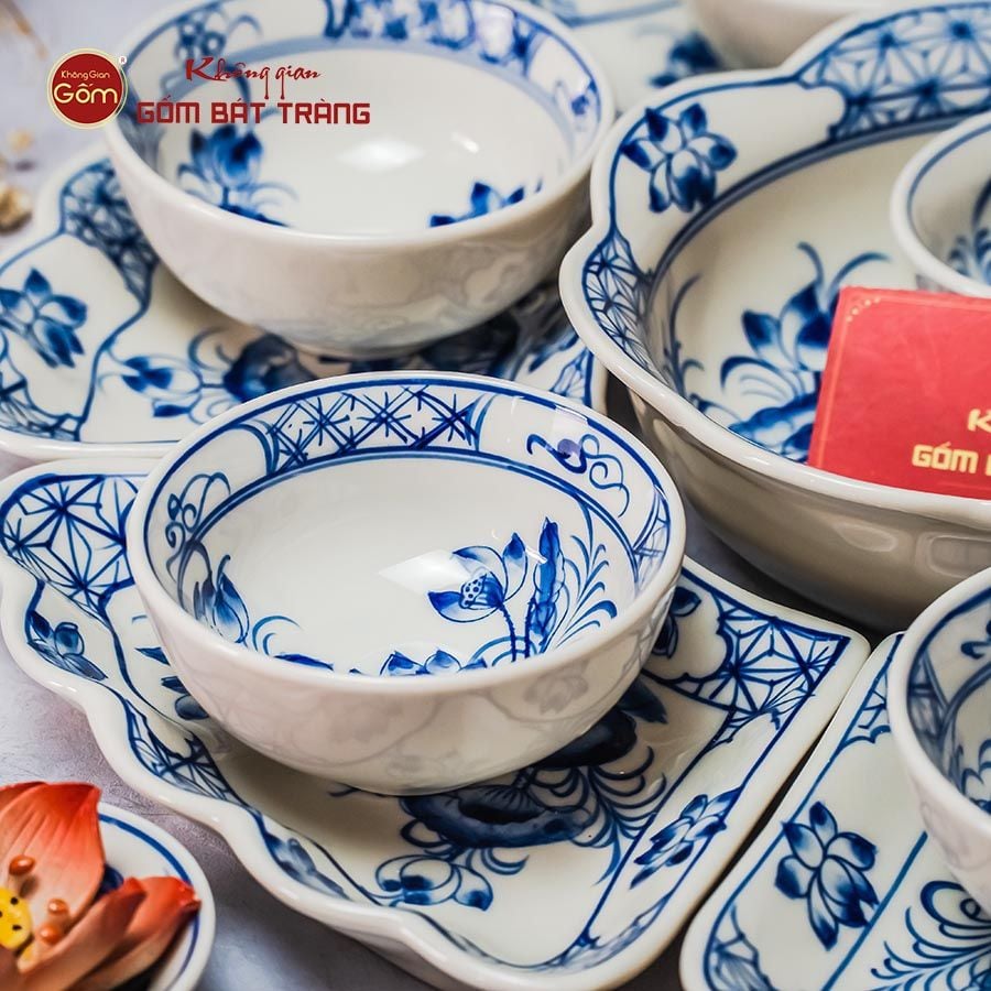 Bộ Bát Đĩa Hoa Mặt Trời Hoa Sen Xanh