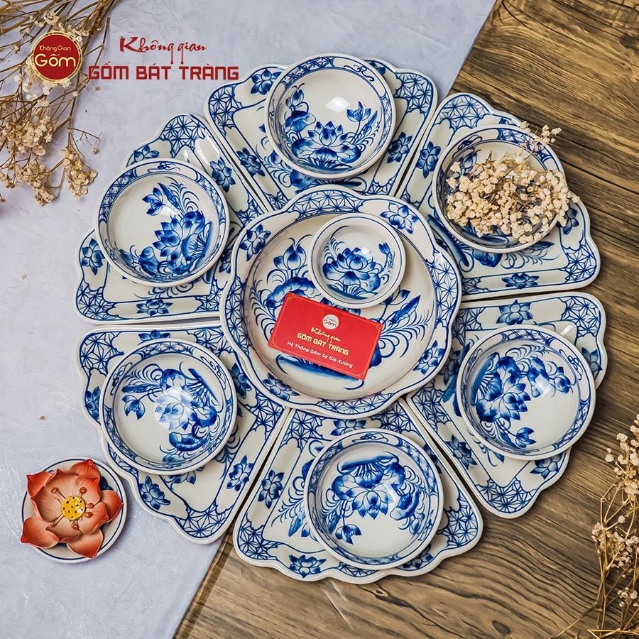 Bộ Bát Đĩa Hoa Mặt Trời Hoa Sen Xanh