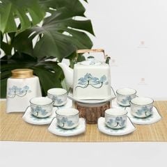 Bộ trà ấm vuông quai đồng men ngà sen xanh vẽ tay