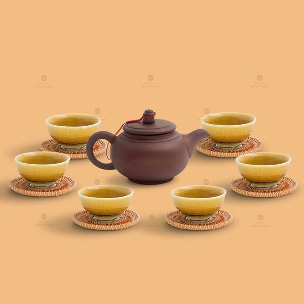 Bộ trà Thổ Hoa chén lưu ly lùn