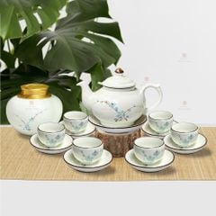 Bộ trà ba men ngà hoa đào xanh vẽ tay