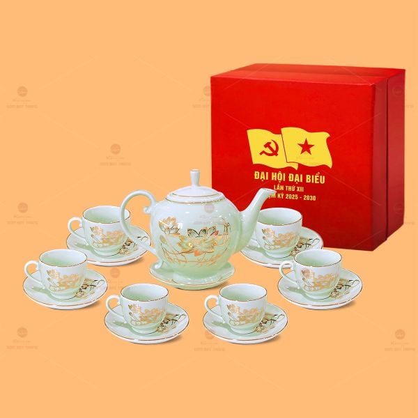 Bộ Trà Camelia Men Ngọc Sen Vàng Kẻ Vàng