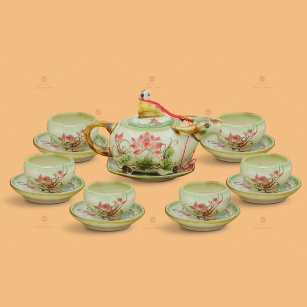 Bộ trà Mục đồng cưỡi trâu men ngọc vẽ sen
