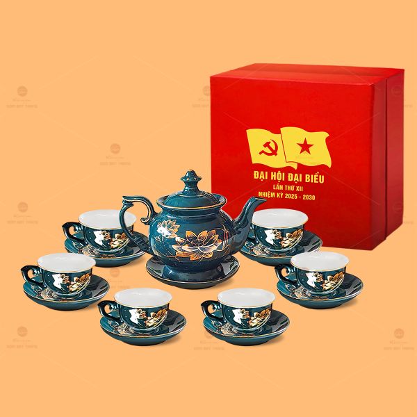 Bộ Trà Đài Các Men Xanh Ngọc Sen Vàng Vẽ Vàng