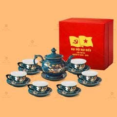 Bộ Trà Đài Các Men Xanh Ngọc Sen Vàng Vẽ Vàng