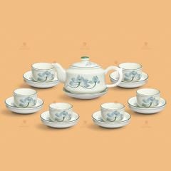 Bộ trà dáng siêu men ngà sen xanh vẽ tay