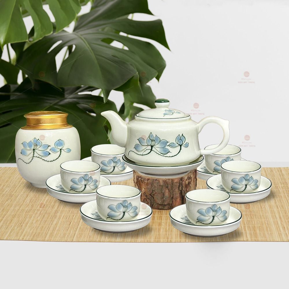 Bộ trà dáng siêu men ngà sen xanh vẽ tay