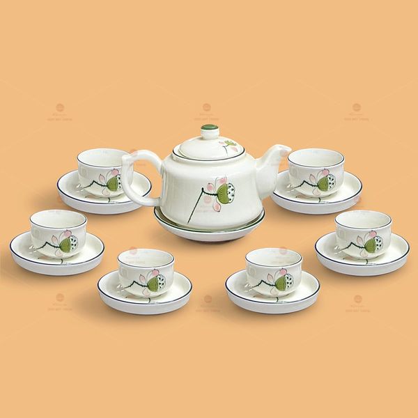Bộ trà dáng siêu men ngà đài sen vẽ tay