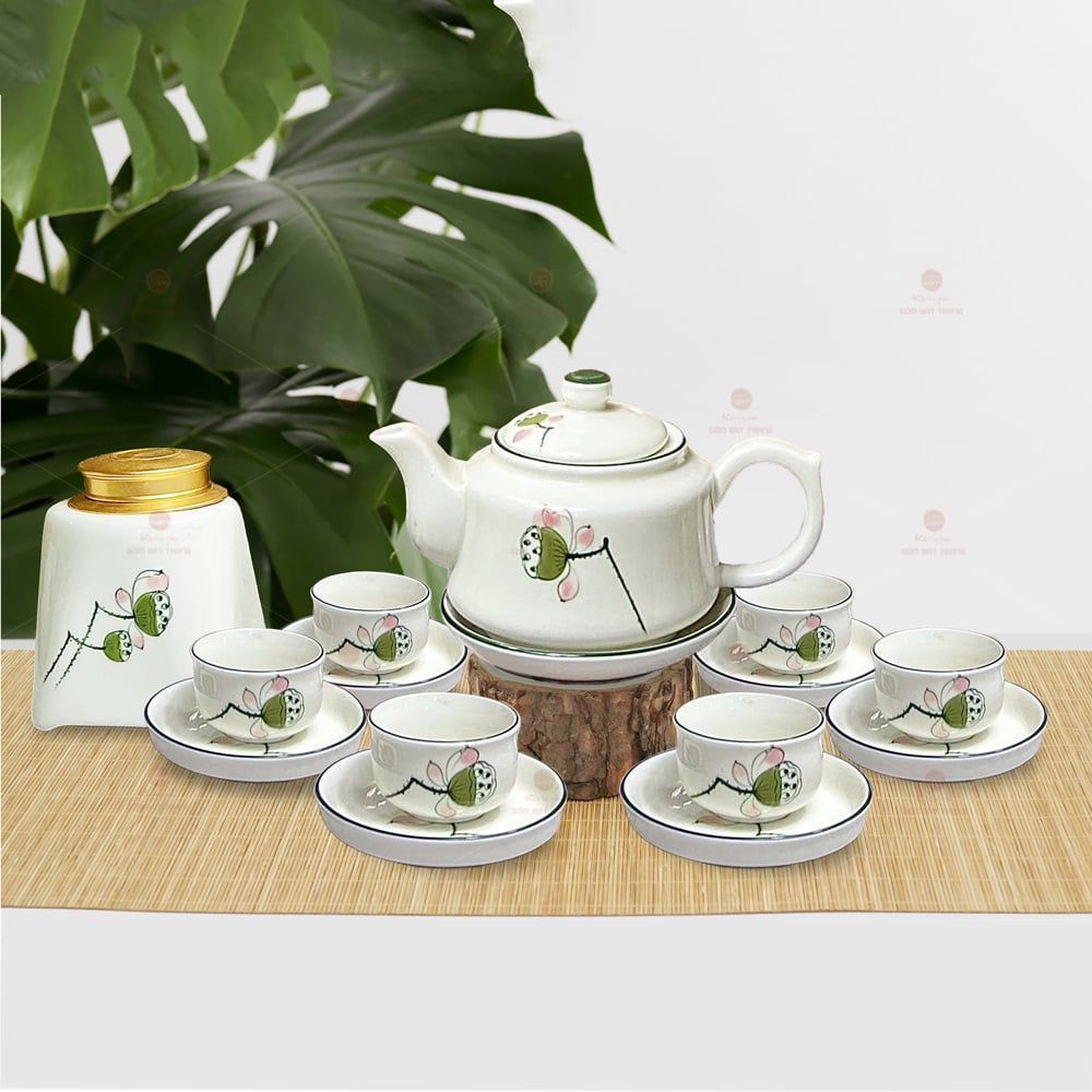 Bộ trà dáng siêu men ngà đài sen vẽ tay