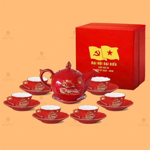Bộ Trà Mẫu Đơn Men Đỏ Thuận Buồm Kẻ Vàng