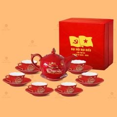 Bộ Trà Mẫu Đơn Men Đỏ Thuận Buồm Kẻ Vàng