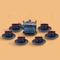 Bộ trà lục giác quai đồng men hoả biến