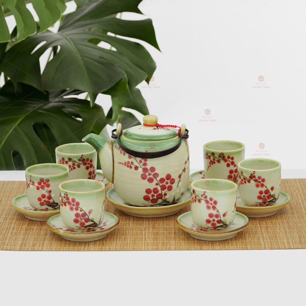Bộ trà quai đồng men ngọc cành đào đông đỏ vẽ tay