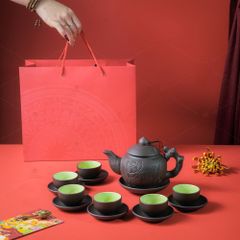 Bộ trà tử sa đen hoa sen đắp nổi