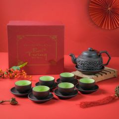 Bộ trà tử sa đen hoa cúc đắp nổi