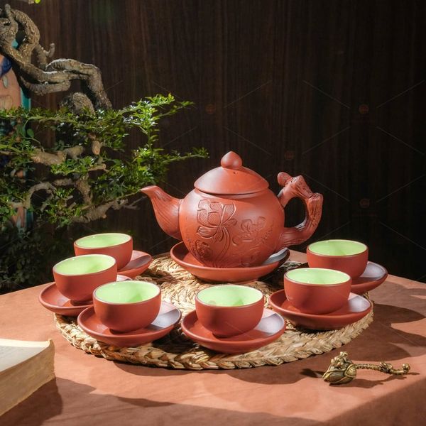 Bộ trà tử sa nâu hoa sen đắp nổi