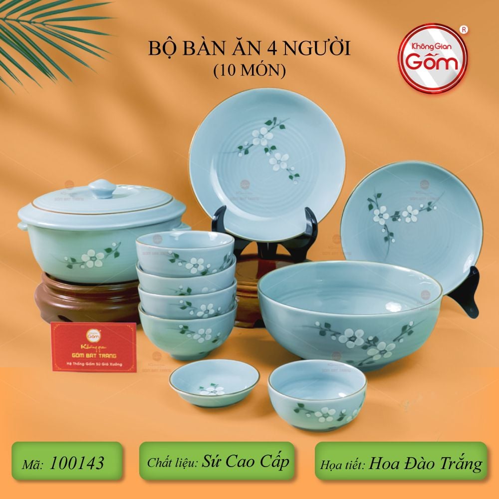 Bộ Bàn Ăn 4 Người (10 món) Men Ngọc Hoa Đào Trắng