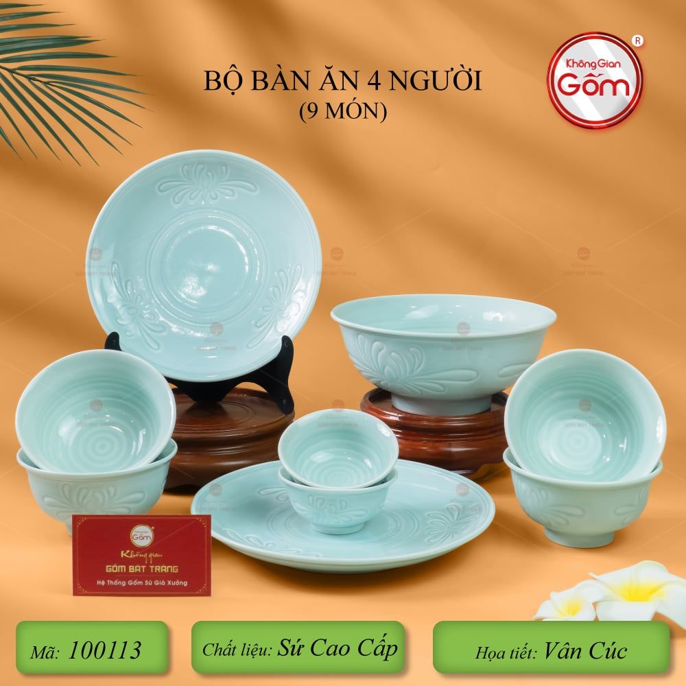 Bộ Bàn Ăn 4 Người (9 Món) Men Ngọc Vân Hoa Cúc