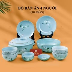 Bộ Bát Đĩa Bát Tràng Men Ngọc Hoa Đào Trắng