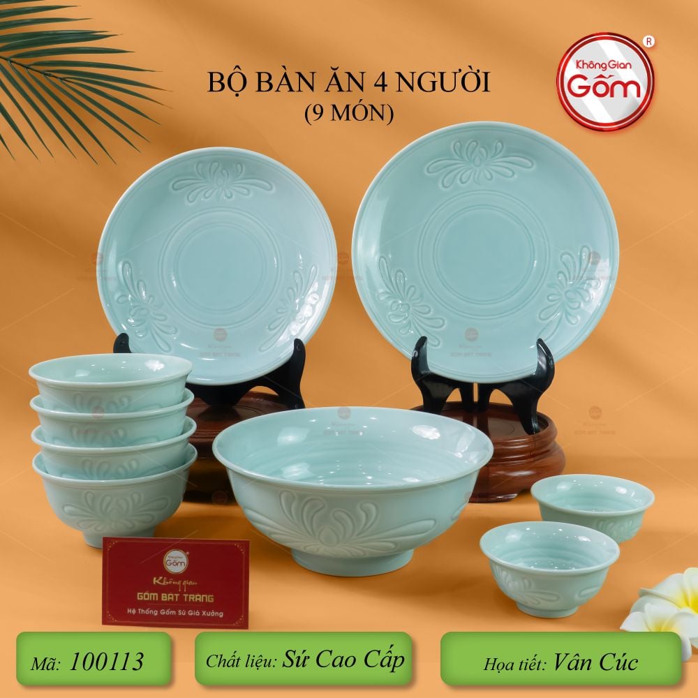 Bộ Bàn Ăn 4 Người (9 Món) Men Ngọc Vân Hoa Cúc