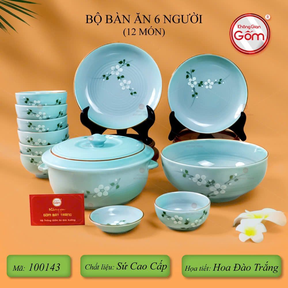 Bộ Bàn Ăn 6 Người (12 món) Men Ngọc Hoa Đào Trắng