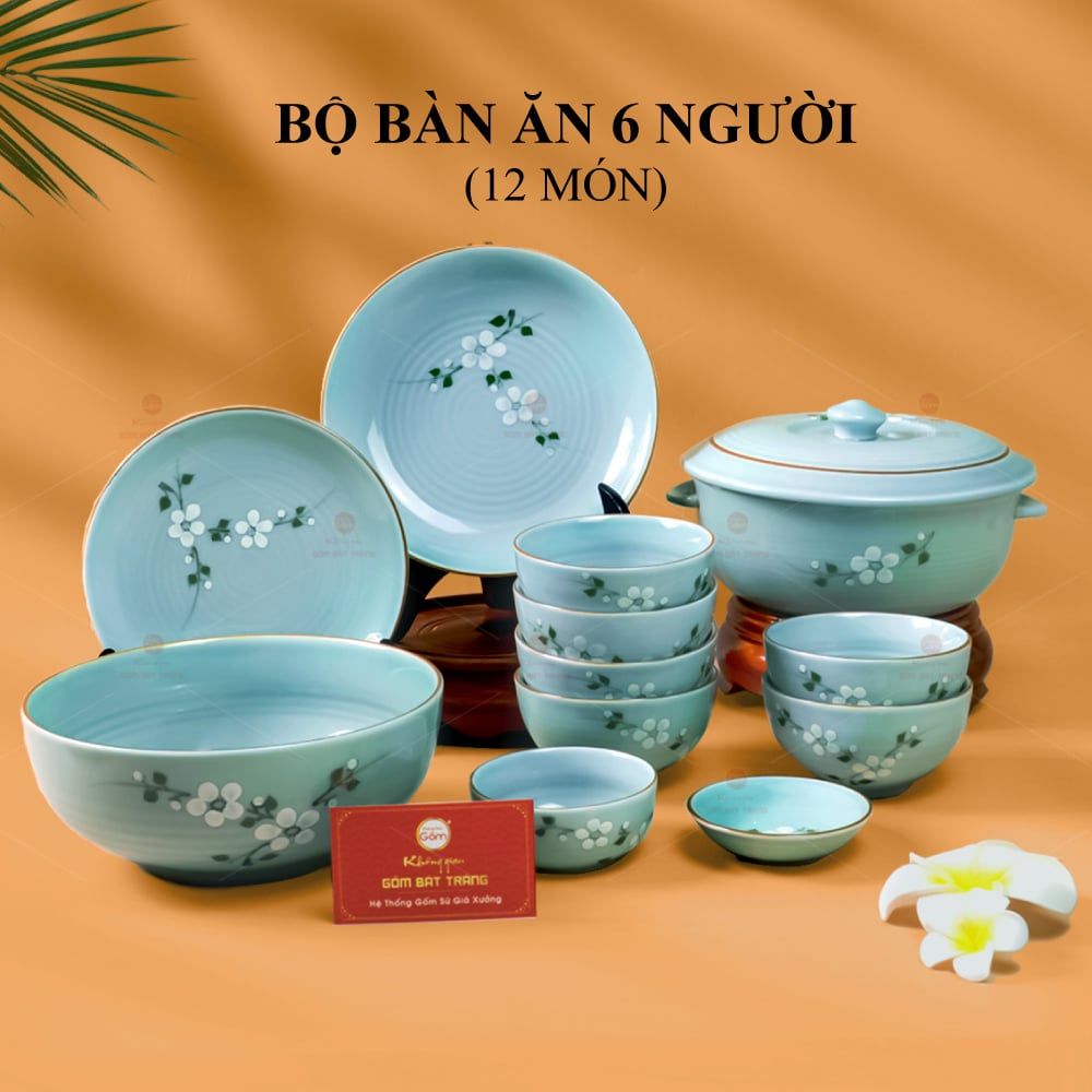 Bộ Bàn Ăn 6 Người (12 món) Men Ngọc Hoa Đào Trắng