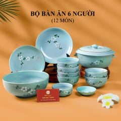 Bộ Bát Đĩa Bát Tràng Men Ngọc Hoa Đào Trắng