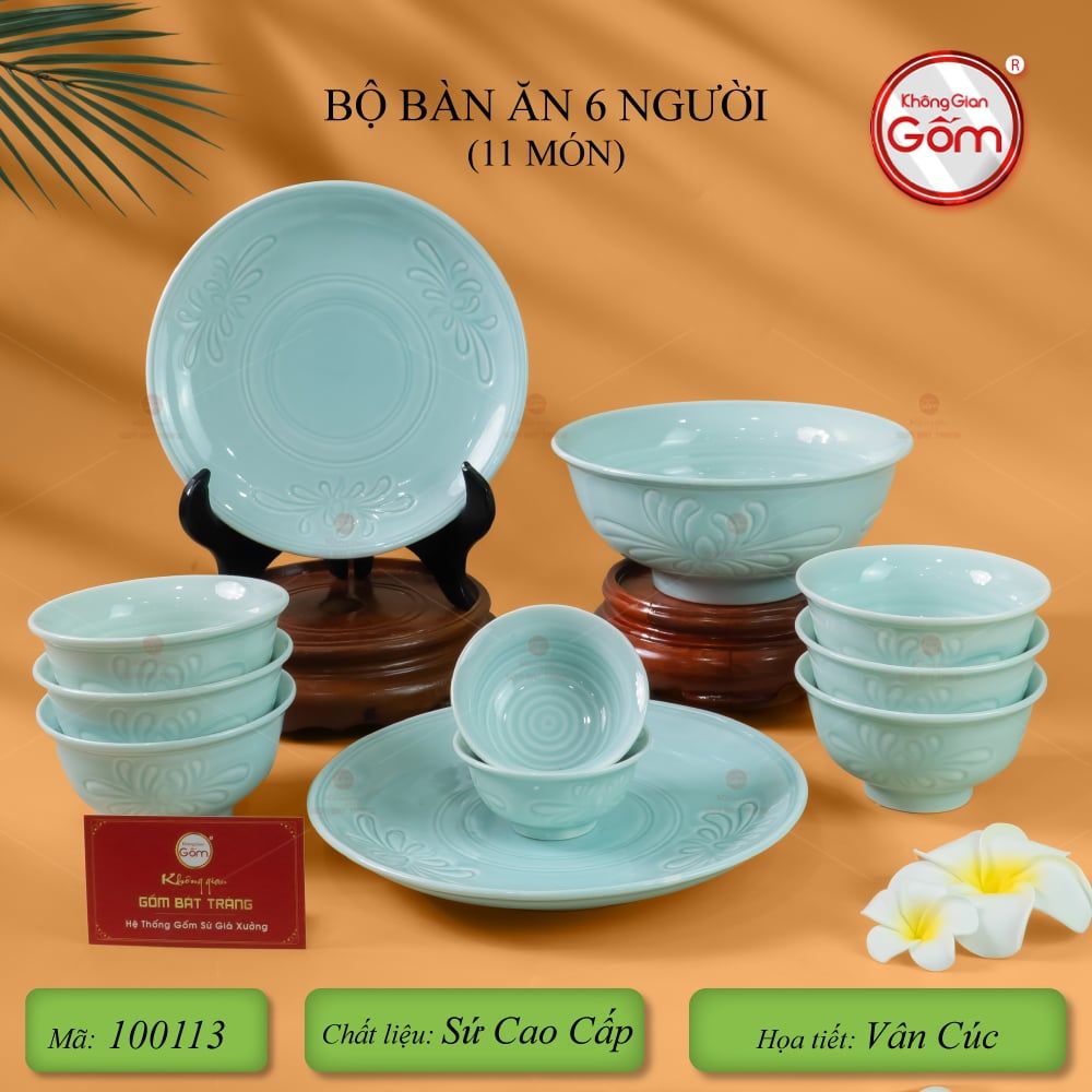 Bộ Bàn Ăn 6 Người (11 Món) Men Ngọc Vân Hoa Cúc