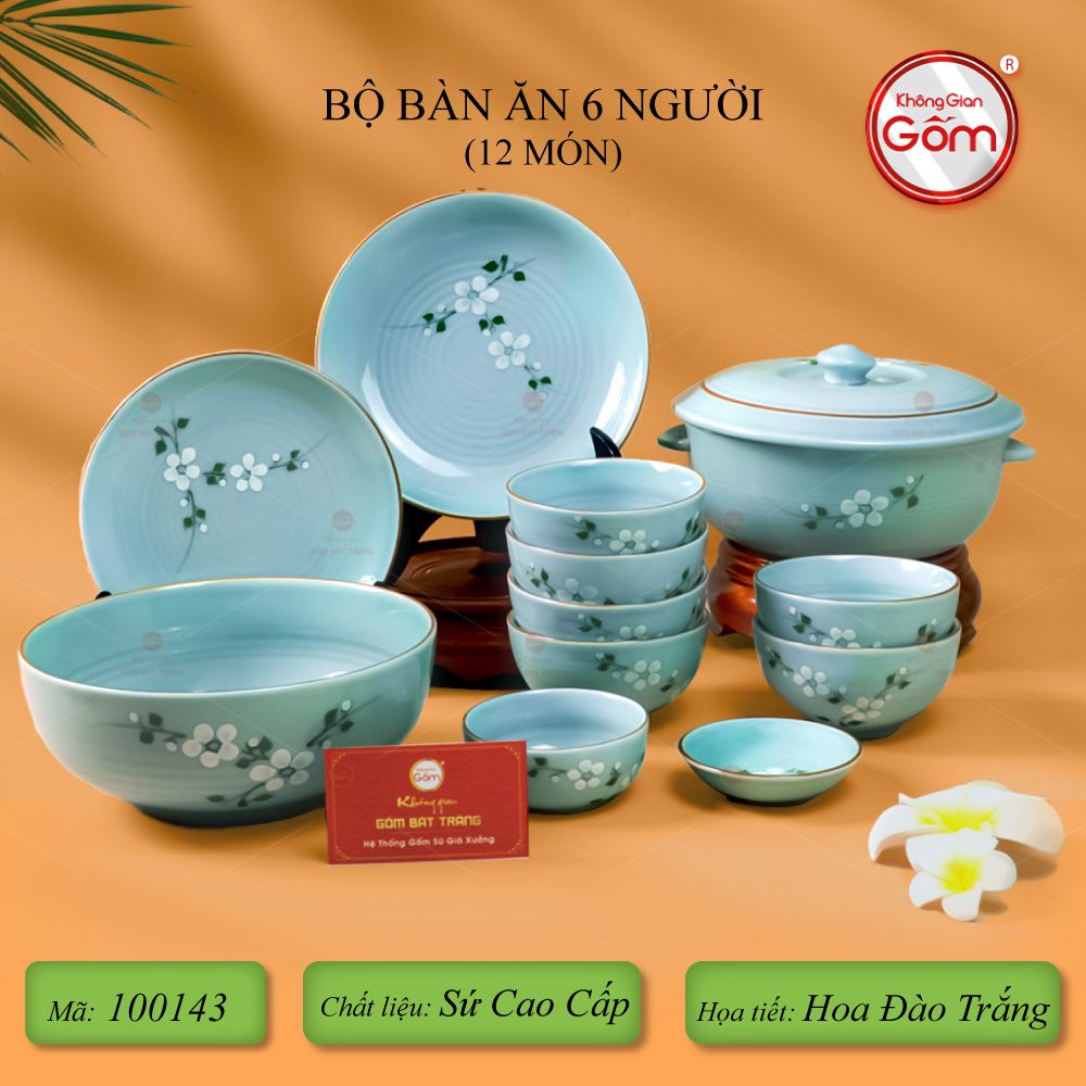 Bộ Bàn Ăn 6 Người (12 món) Men Ngọc Hoa Đào Trắng