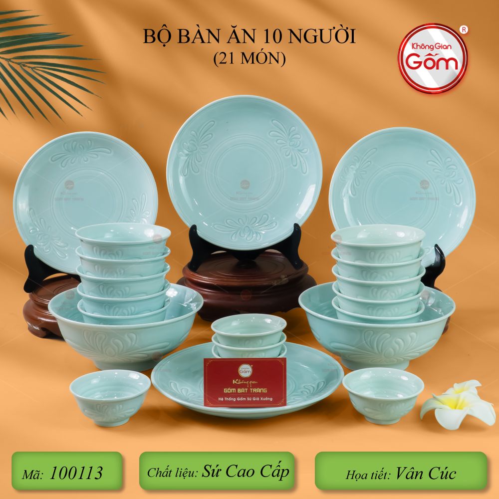 Bộ Bàn Ăn 10 Người (21 Món) Men Ngọc Vân Hoa Cúc