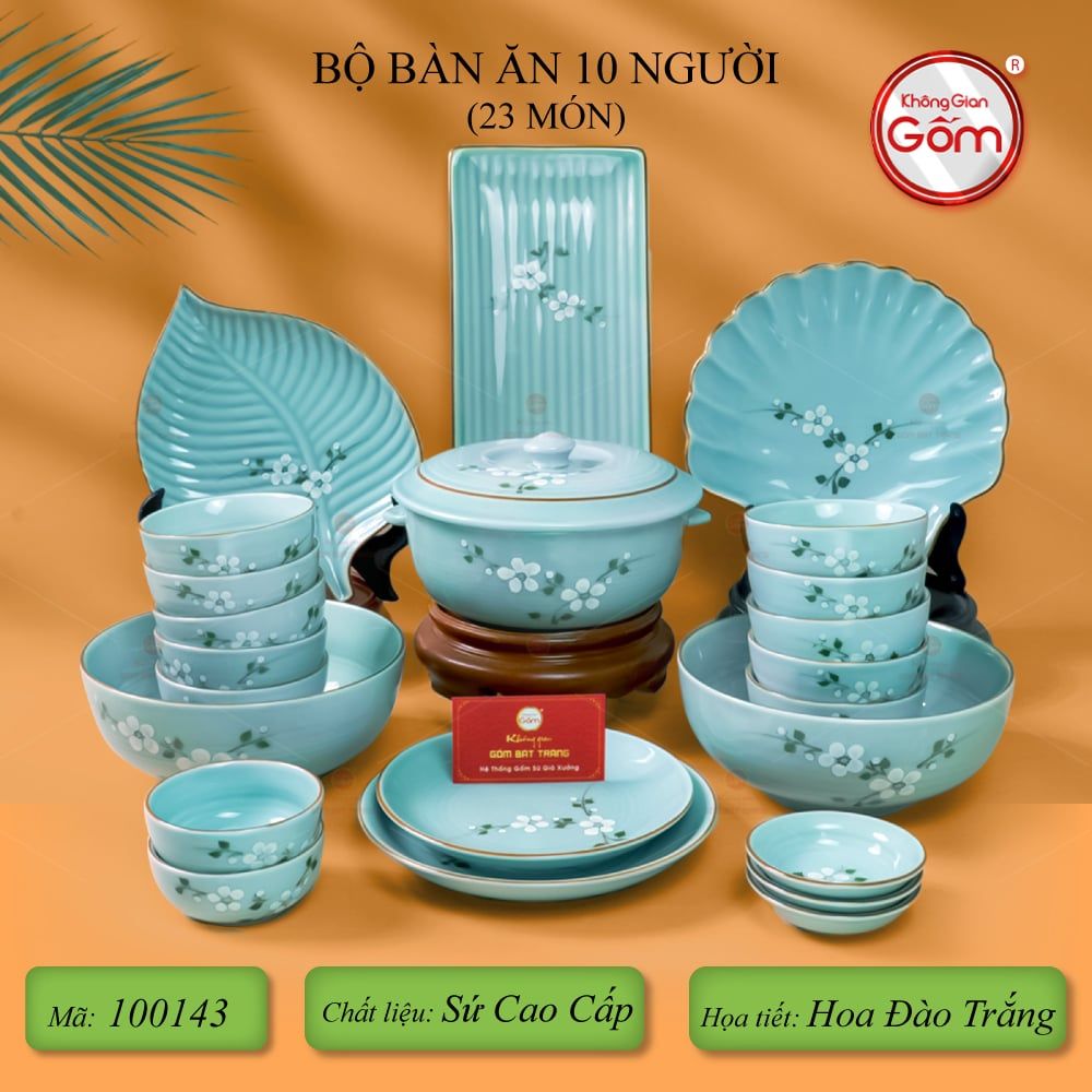Bộ Bàn Ăn 10 Người (23 món) Men Ngọc Hoa Đào Trắng