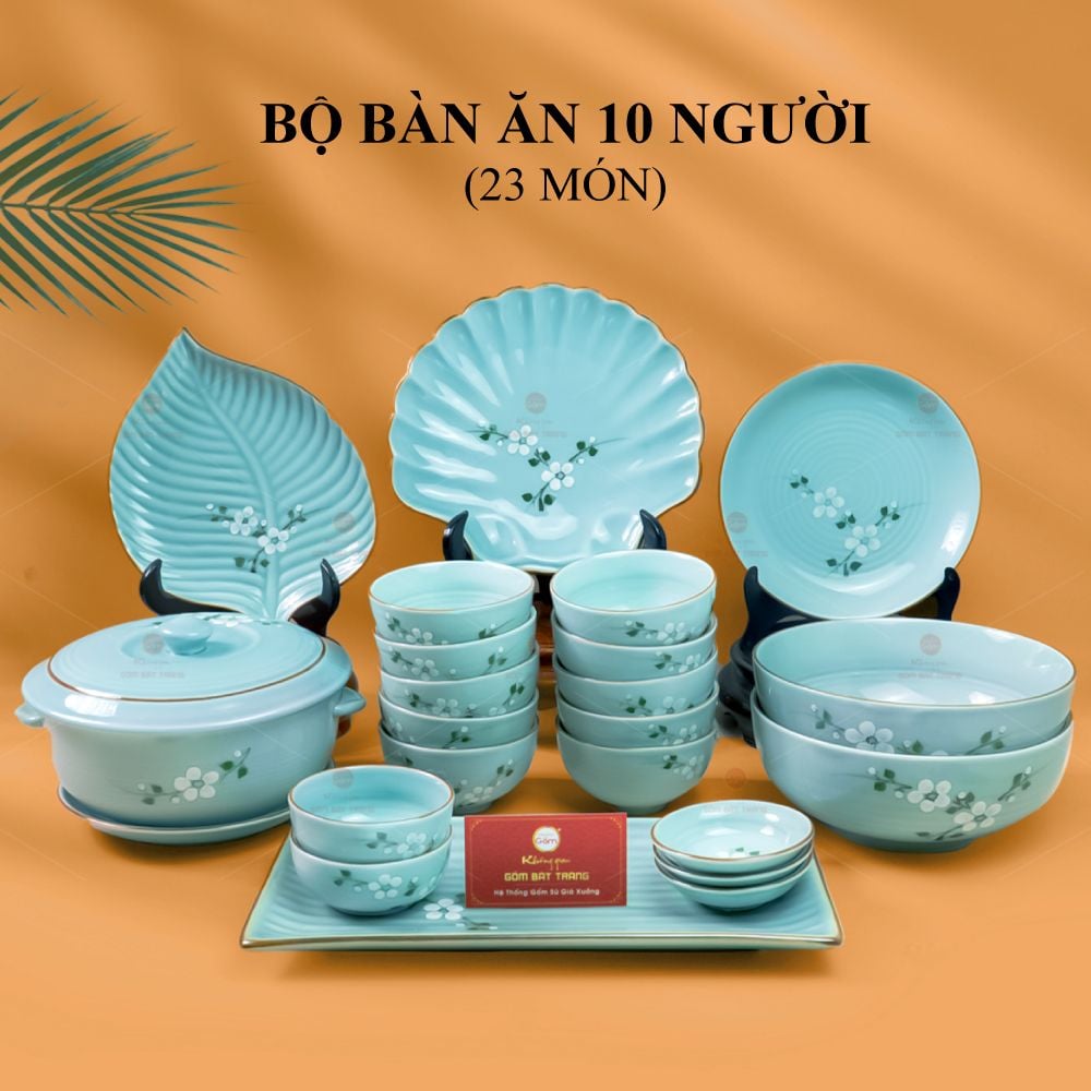 Bộ Bát Đĩa Bát Tràng Men Ngọc Hoa Đào Trắng