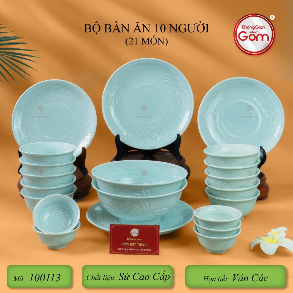 Bộ Bàn Ăn 10 Người (21 Món) Men Ngọc Vân Hoa Cúc