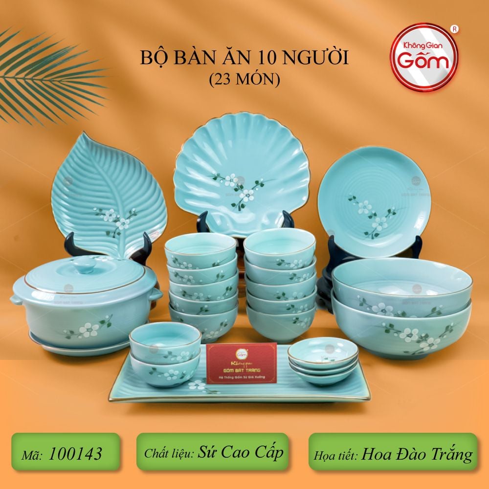 Bộ Bát Đĩa Bát Tràng Men Ngọc Hoa Đào Trắng