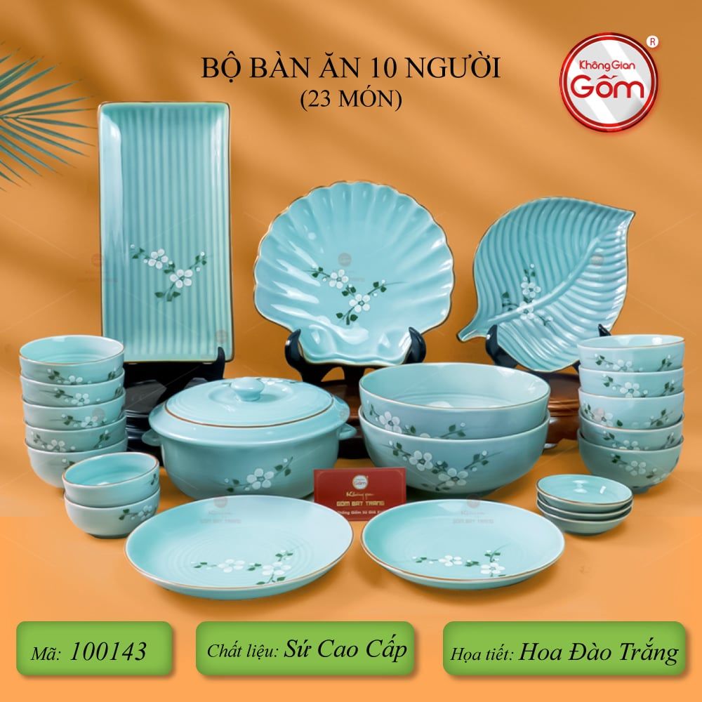 Bộ Bàn Ăn 10 Người (23 món) Men Ngọc Hoa Đào Trắng