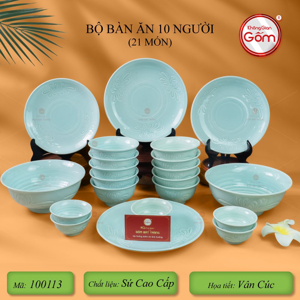 Bộ Bàn Ăn 10 Người (21 Món) Men Ngọc Vân Hoa Cúc