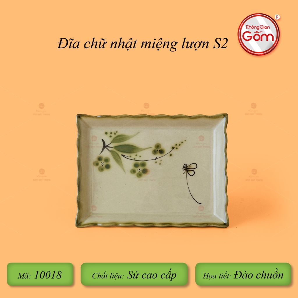 Đĩa Chữ Nhật Miệng Lượn Hoa Đào Chuồn