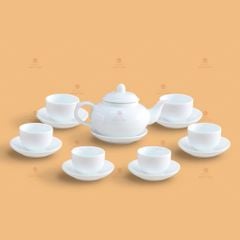 Bộ ấm trà ba men trắng in logo