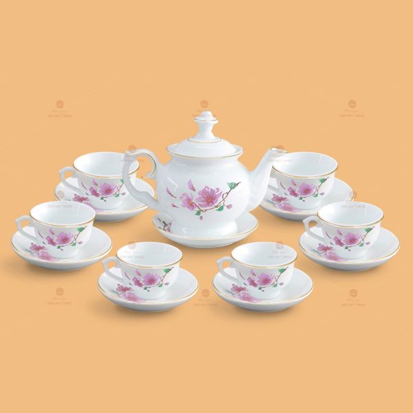 Bộ trà Đài Các hoa đào kẻ vàng