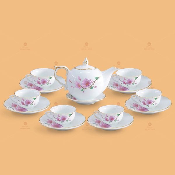 Bộ trà Mẫu Đơn hoa đào kẻ vàng